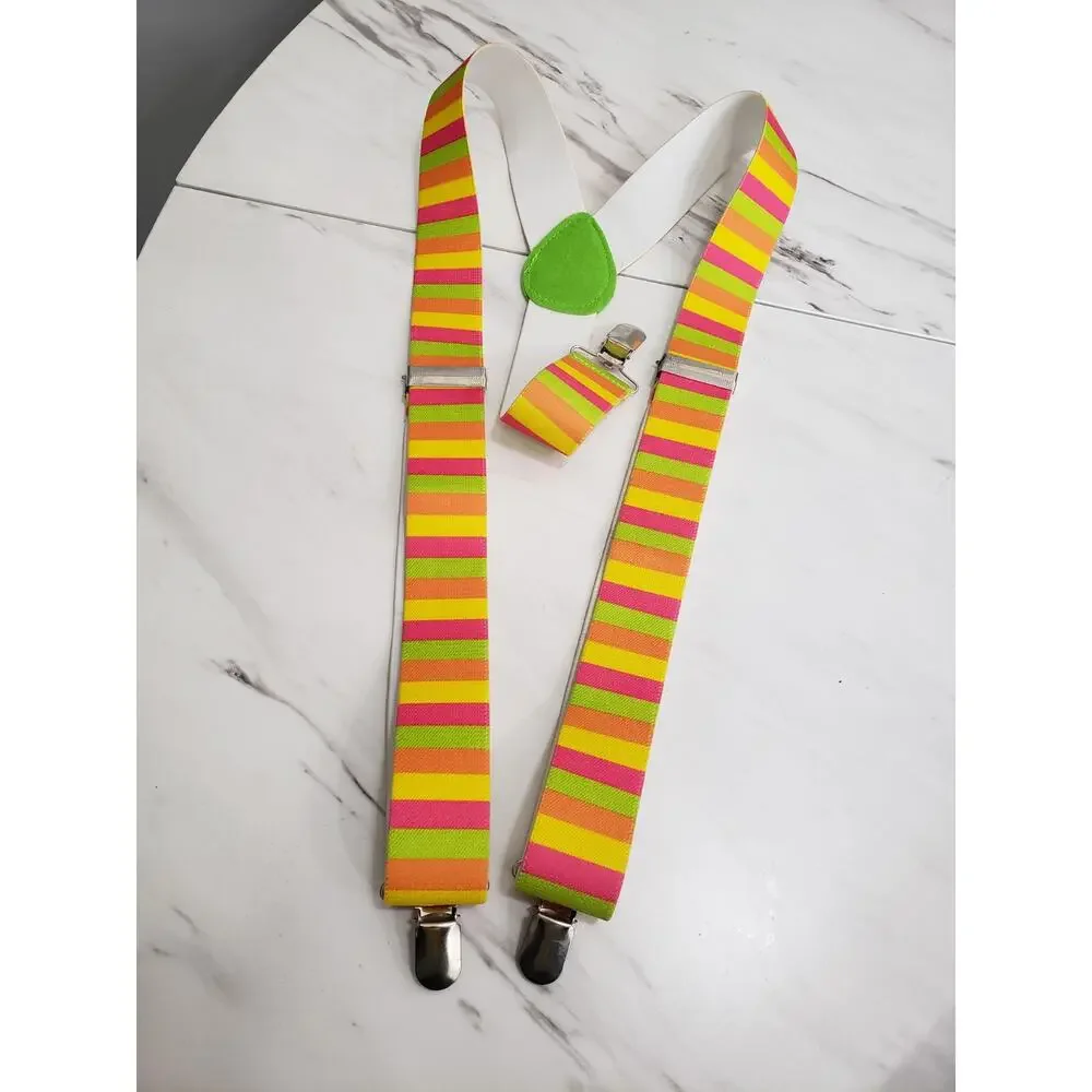 Neon Striped‎ Suspenders Halloween Festival Rave Womens Art Teacher Rainbow
